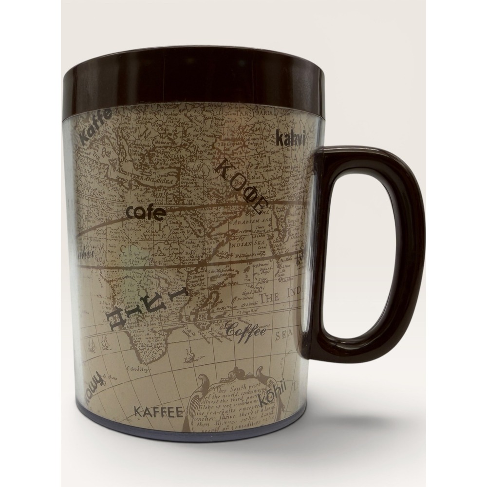 Vintage 1982 Thermo-Serv World Map Coffee languages Mug Insulated Plastic Brown
